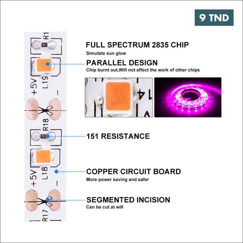 Acheter 1M Ruban LED lumière à spectre complet pour plante USB DC 5V 60LED/m Non étanche en Tunisie -  Disponible au meilleur prix sur CoThings
