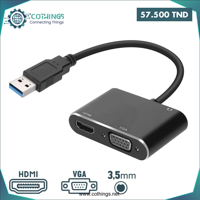 Acheter Adaptateur USB 3.0 vers HDMI/VGA/Audio 3,5 mm en Tunisie -  Disponible au meilleur prix sur CoThings