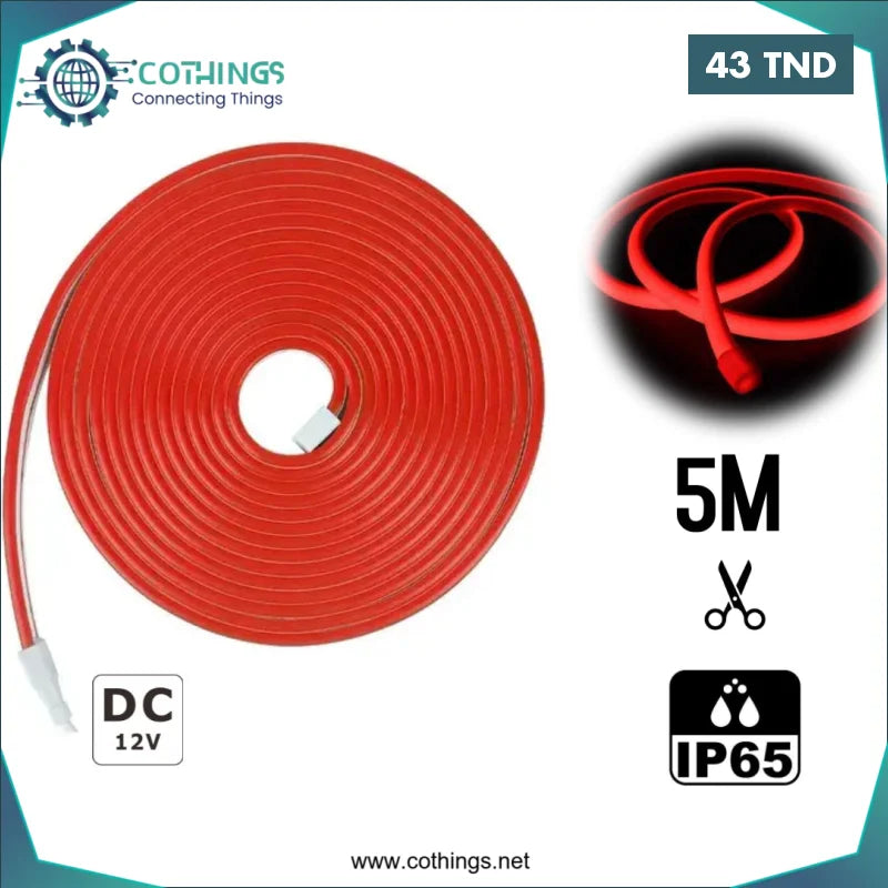 Acheter Bande LED Néon Flexible 6mm etanche 12V Rouge 5M en Tunisie -  Disponible au meilleur prix sur CoThings