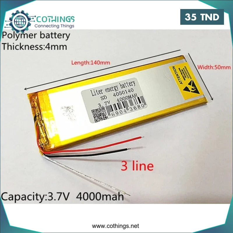 Acheter Batterie Li 3,7 V 4000 mAh 3 x 50 x 140 mm. en Tunisie -  Disponible au meilleur prix sur CoThings