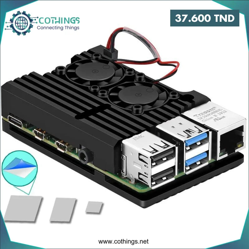 Acheter Boîtier en aluminium métal avec double ventilateurs pour Raspberry Pi 4 en Tunisie -  Disponible au meilleur prix sur CoThings
