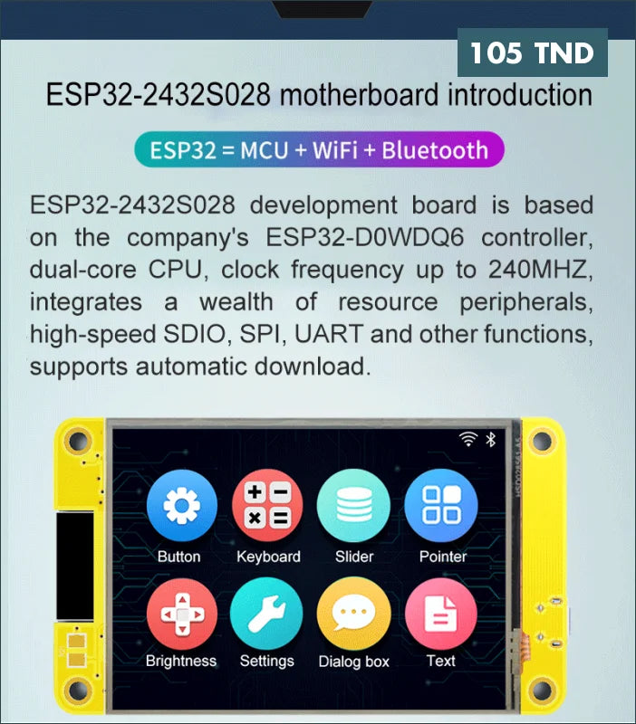 Acheter Carte de développement ESP32WIFI & Bluetooth avec écran 2.8 pouces tactile intégré (LVGL), écran d’affichage intelligent 240x320 en Tunisie -  Disponible au meilleur prix sur CoThings