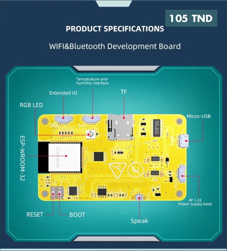 Acheter Carte de développement ESP32WIFI & Bluetooth avec écran 2.8 pouces tactile intégré (LVGL), écran d’affichage intelligent 240x320 en Tunisie -  Disponible au meilleur prix sur CoThings
