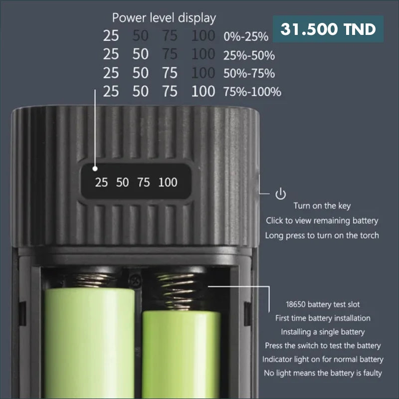 Acheter Chargeur batterie power-bank pour pile 18650 / 20700 avec 3 ports USB type-C d’entrée avec lampe de poche LED( sans batteries ) en Tunisie -  Disponible au meilleur prix sur CoThings