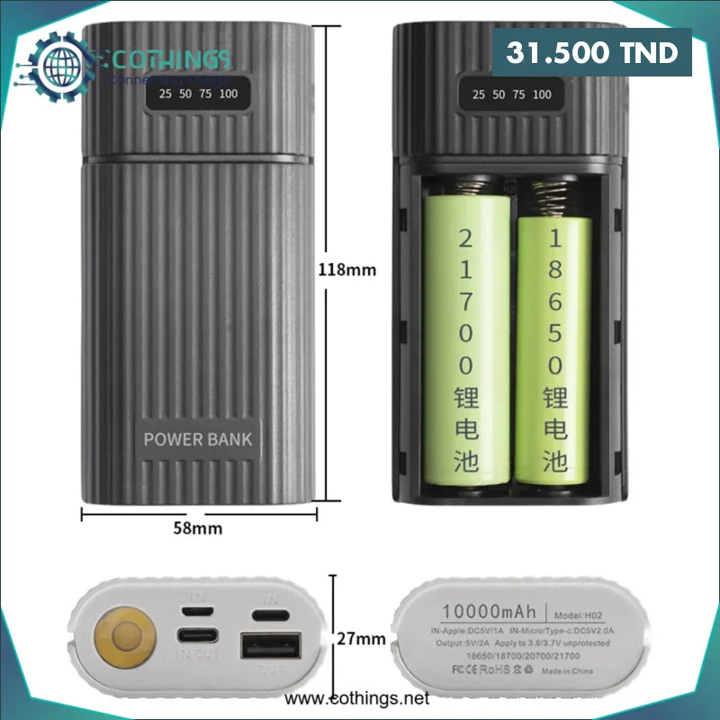 Acheter Chargeur batterie power-bank pour pile 18650 / 20700 avec 3 ports USB type-C d’entrée avec lampe de poche LED( sans batteries ) en Tunisie -  Disponible au meilleur prix sur CoThings