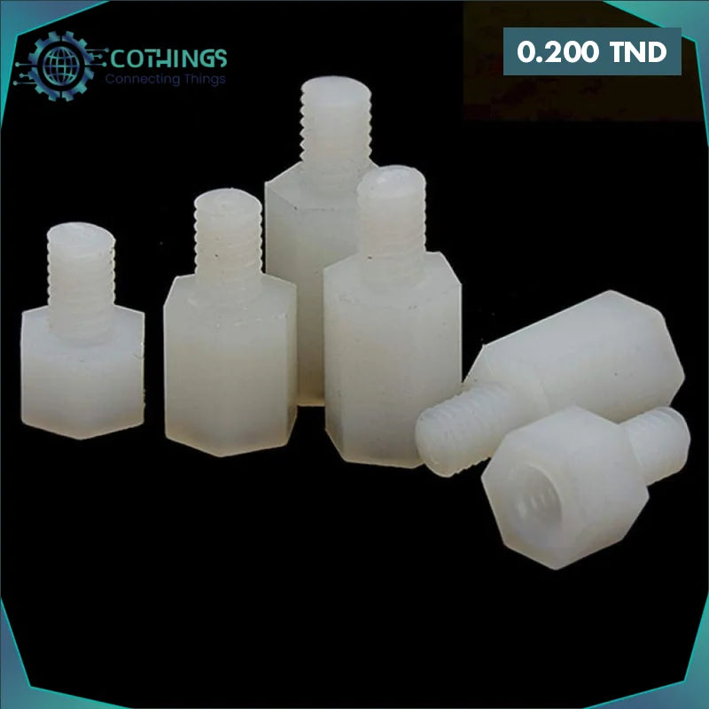 Acheter Entretoise  hexagonale en nylon blanc M3 x 18 + 6 mm, tête simple en Tunisie -  Disponible au meilleur prix sur CoThings