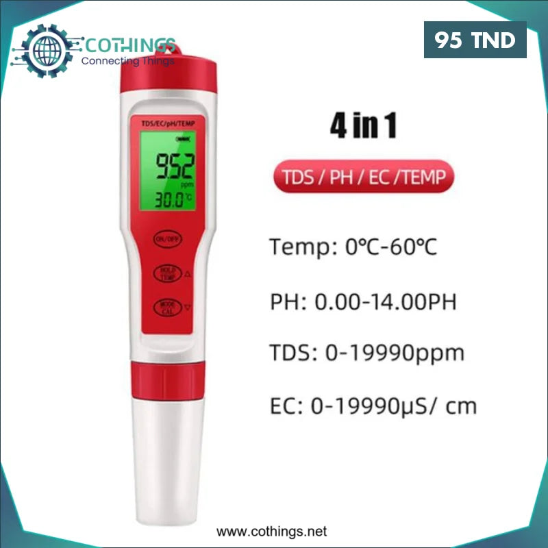 Acheter EZ9908 Kit de test d’eau multifonction 4 en 1 pH/TDS/EC/TEMP (avec pile LR44) en Tunisie -  Disponible au meilleur prix sur CoThings