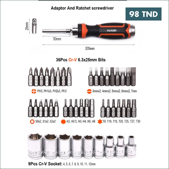 Acheter Jeu de Tournevis à Cliquet + Embout 47pcs Harden en Tunisie -  Disponible au meilleur prix sur CoThings