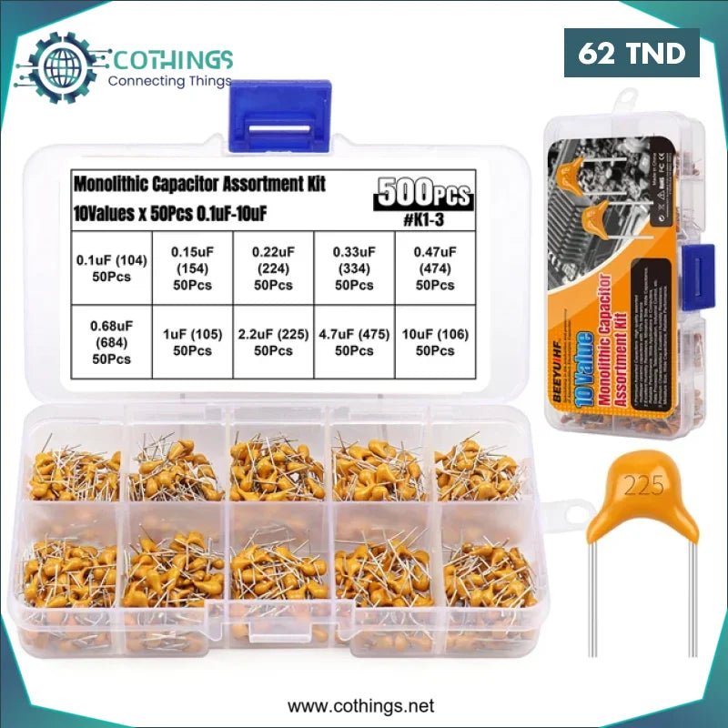 Acheter Kit de condensateurs céramiques multicouches 0,1 uf-10 uf, 500 pièces (Boite en plastique) en Tunisie -  Disponible au meilleur prix sur CoThings