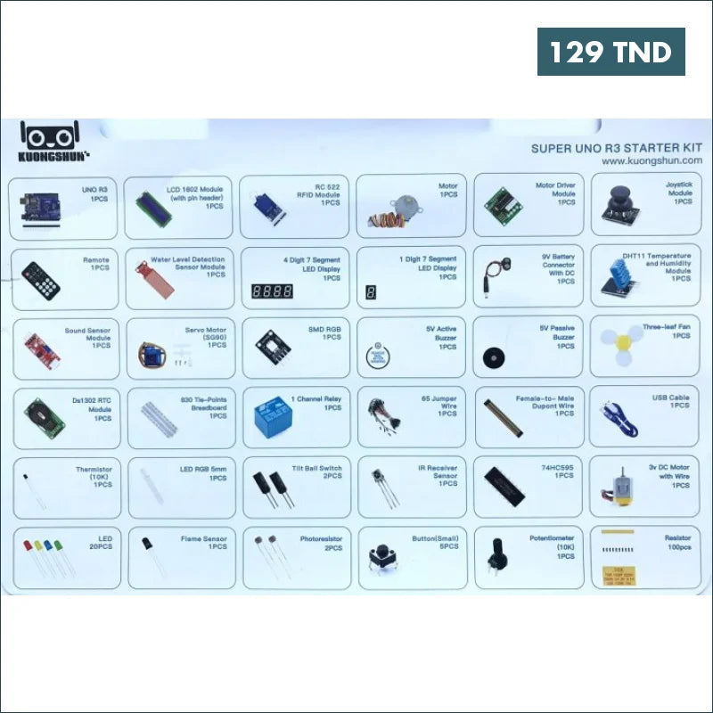 Acheter Kit de démarrage super starter Arduino UNO R3, Kit apprentissage Arduino Uno R3 en Tunisie -  Disponible au meilleur prix sur CoThings