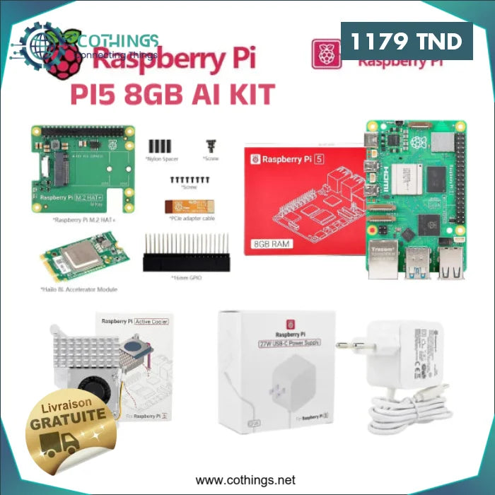 Acheter Kit d'intelligence artificielle Raspberry Pi 5 8GB en Tunisie -  Disponible au meilleur prix sur CoThings