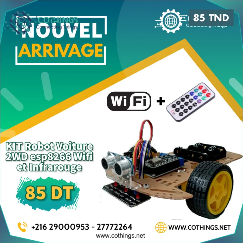 Acheter KIT Robot Voiture 2WD esp8266-wifi suiveur detecteur d’obstacles avec commande infrarouge en Tunisie -  Disponible au meilleur prix sur CoThings