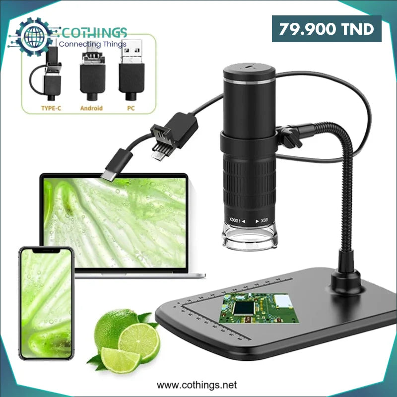 Acheter Microscope numérique USB 1000X 3 en 1 type-c caméra 8 LED loupe grossissement réglable avec support en Tunisie -  Disponible au meilleur prix sur CoThings