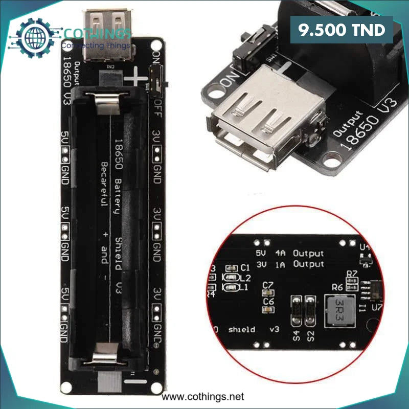Acheter MODULE DE CHARGE /SUPPORT POUR UNE BATTERIE 18650 AVEC PROTECTION DE SURCHARGE SORTIE 5V/4MA-3V/1A en Tunisie -  Disponible au meilleur prix sur CoThings