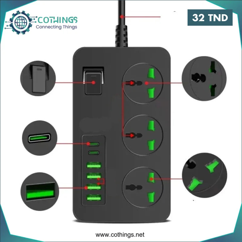 Acheter Multiprise ONESAM 3000W, 3 Prises, 4 USB, 2 Type-C en Tunisie -  Disponible au meilleur prix sur CoThings