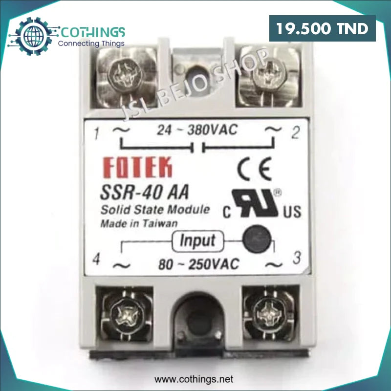 Acheter SSR-40AA Relais statique Fotek 40 A AC 90-250 V vers AC 24 V-380 V en Tunisie -  Disponible au meilleur prix sur CoThings