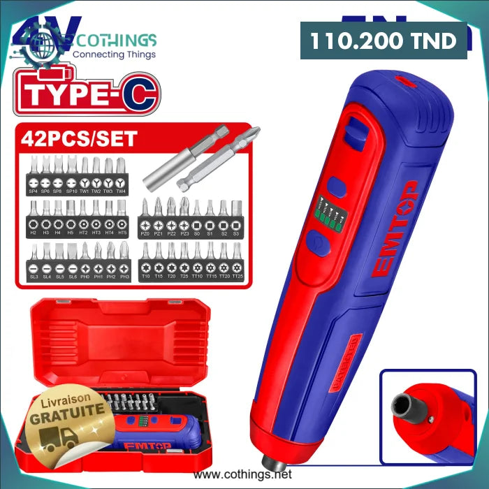 Acheter Visseuse 4V 5N.m T-C + 42 Embouts EMTOP en Tunisie -  Disponible au meilleur prix sur CoThings