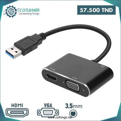 Adaptateur USB 3.0 vers HDMI/VGA/Audio 3,5 mm - Domotique Tunisie