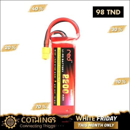 Batterie LIPO RED 2200mAh 3S 11.1V 35C pour avion avec connecteur