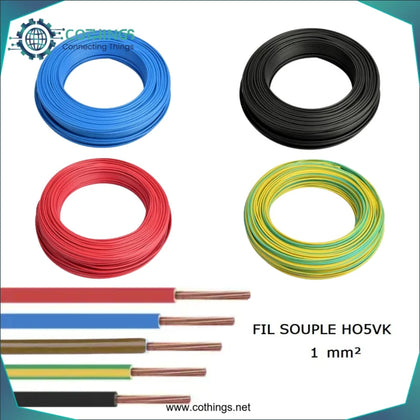Fil Souple 1mm Vert jaune/Bleu/Rouge/Noir (1 Metre) Domotique Tunisie