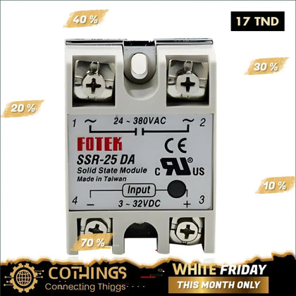 Alt text d’un relais statique SSR-25DA Fotek pour charge 25A 24-380VAC