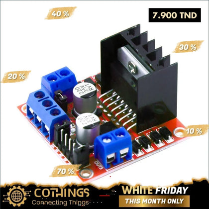 Circuit imprimé rouge avec connecteurs bleus et dissipateur thermique pour l298n pont