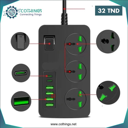 Multiprise ONESAM 3000W 3 Prises 4 USB 2 Type-C - Domotique Tunisie