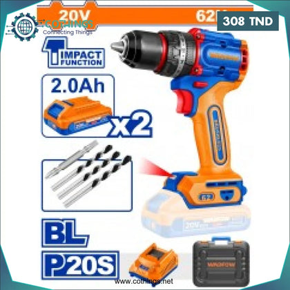 PERCEUSE VISSEUSE+ ACCESSOIRES 20V 2 BATTERIES WCDP6281 - Domotique