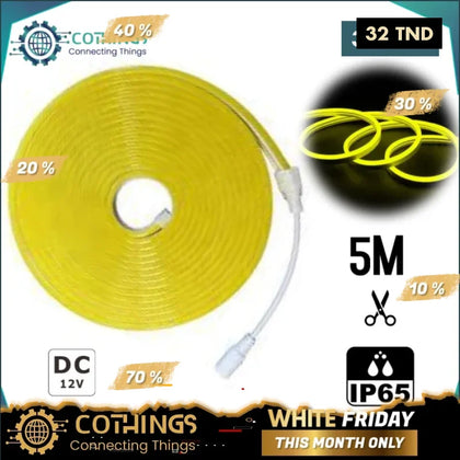 Bande LED Néon Flexible 6mm etanche 12V jaune 5M - Domotique Tunisie